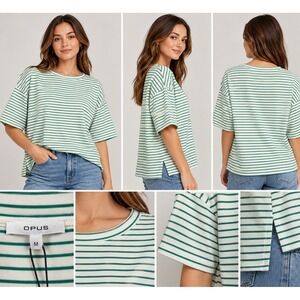 Opus Womens Green White Striped Boxy T-Shirt Size M Crew Neck Short Sleeve NEW